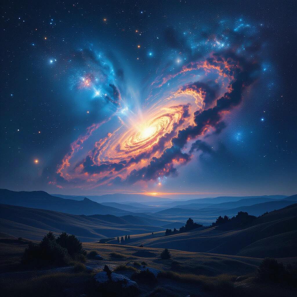 Surreal landscape features a captivating nebula above rolling hills. Explosive colors blend in cosmic clouds. The scene evokes wonder and majesty.