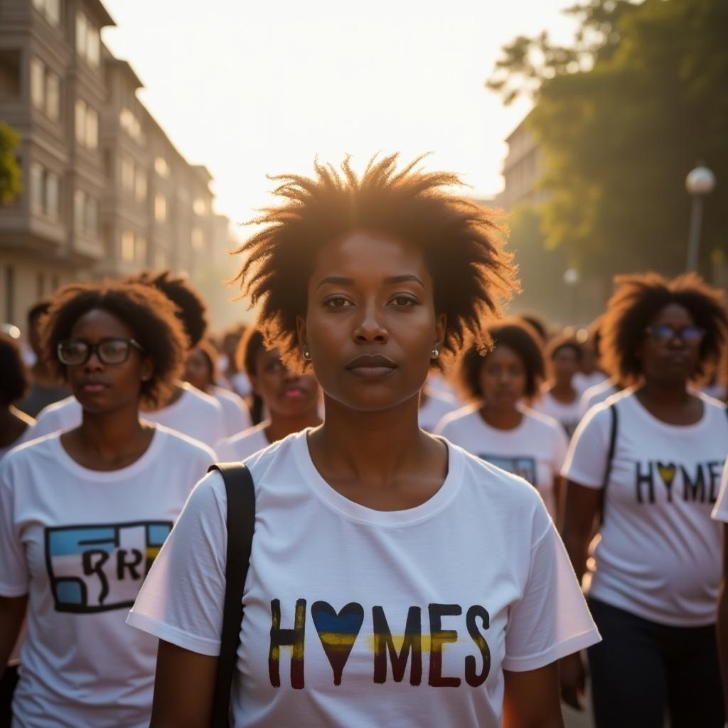 A black woman at the forefront of a peaceful protest surrounded by women in white T-shirts. Rays of peace and hope shine above. Symbolizes unity and strength in the women’s movement in Liberia.