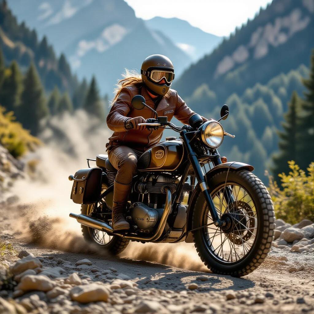 A biker rides a vintage 1915 motorcycle on a rocky path. Dust billows behind the tires as the engine roars. Pine forests stretch into misty valleys. The biker wears a brown leather jacket and goggles. The motorcycle has knobby tires and a brass fuel tank. The golden hour creates a warm light illuminating the scene.