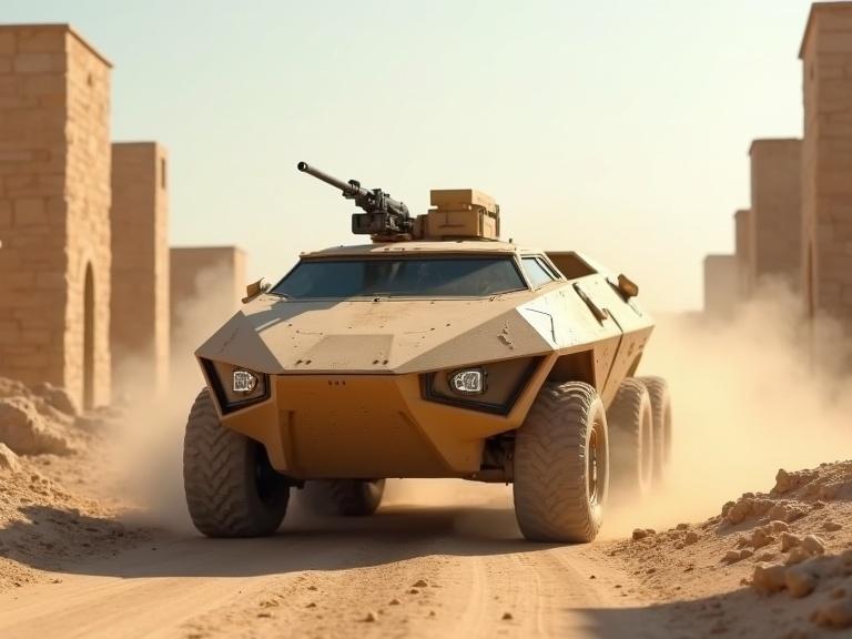 Image of a sleek beige polygonal military APC vehicle on a dusty road in a bright desert stone city ruins. Small mounted gun. Dust effects, fine details, shadows, and textures in a realistic style.
