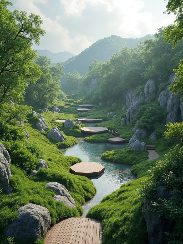 Landscape features hexagonal shapes. Features a stream flowing through greenery. Elevation change is visible. Wooden paths connect areas. Surrounded by lush trees and rocks. Natural light creates a serene atmosphere.