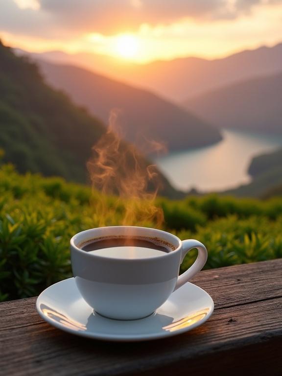 A serene moment captured at sunrise. A steaming cup of black coffee sits on a white saucer. Background features mountainous hills and a calm lake. Lush green foliage decorates the edge of the ledge. The sky is painted in warm hues of sunrise.