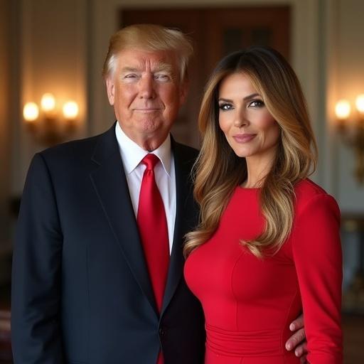 Image of Donald Trump and Melania Trump posing for cameras in their residence. Both dressed elegantly in red. Background showing elegant interior features.