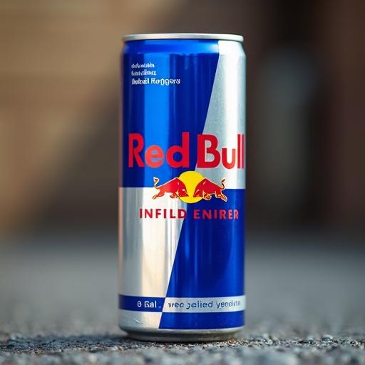 A close-up of a Red Bull can. The can appears freshly pulled from the refrigerator. Centered in the image. Bright colors and reflective surface.