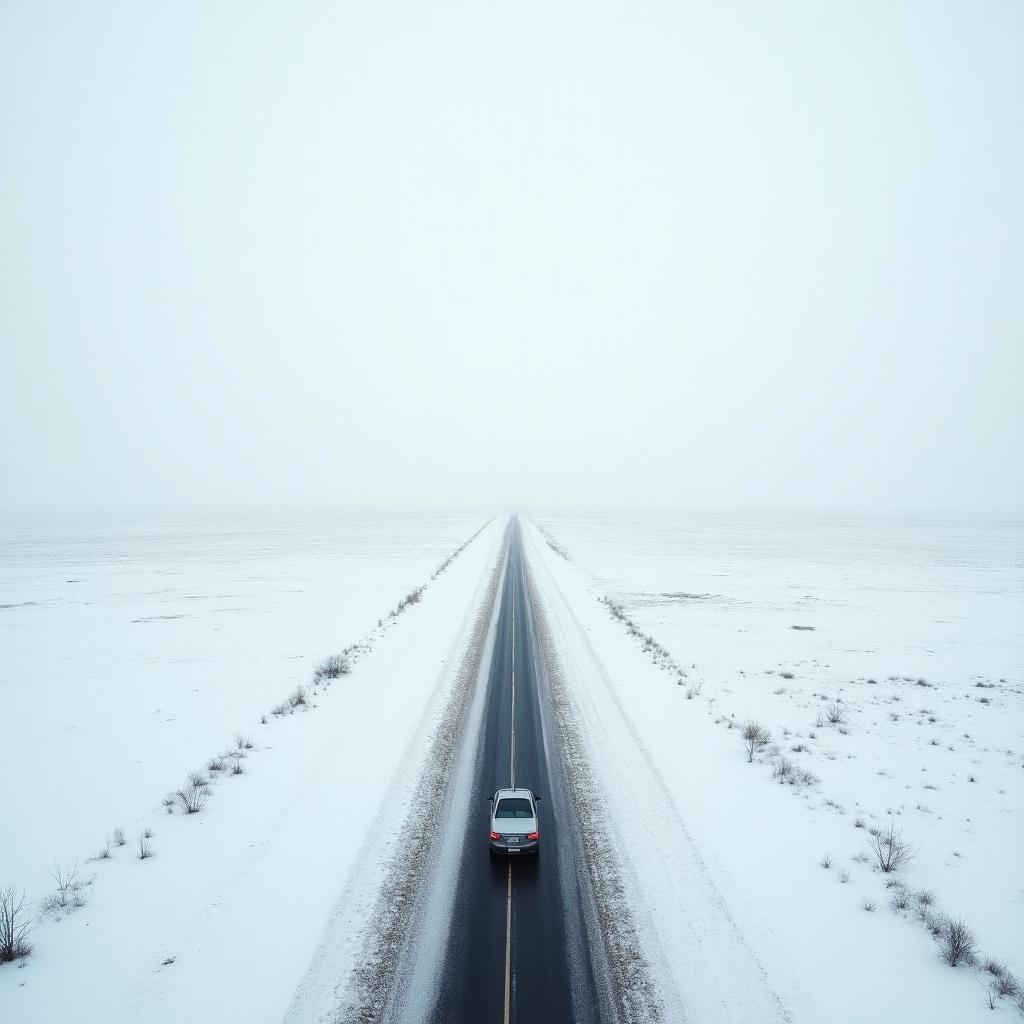 A car drives on a narrow, snow-covered road through a barren plain. The landscape is empty and white. Soft lighting gives a serene atmosphere. Aerial view creates a sense of isolation.