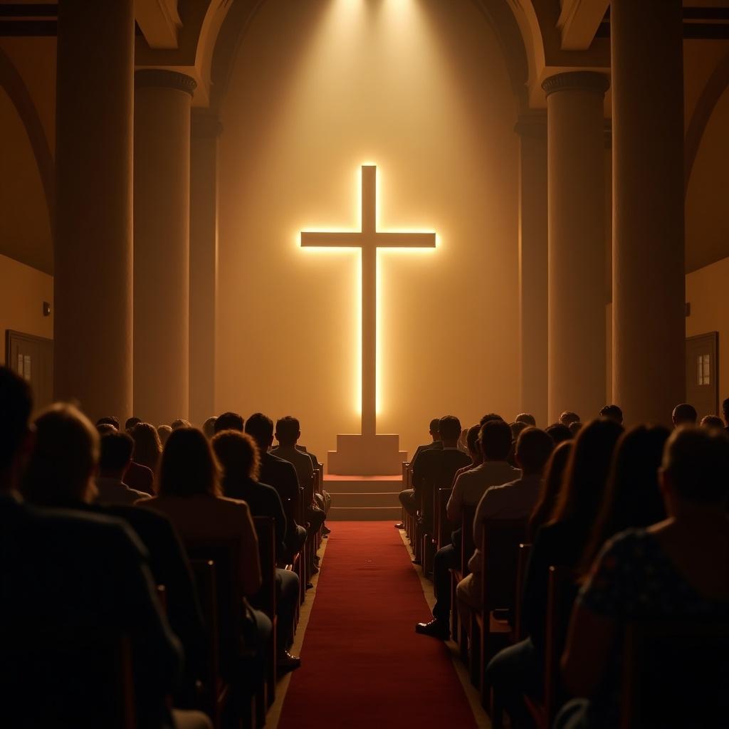 A large illuminated cross is at the front of a church. A congregation sits in rows facing the cross. The lighting creates a warm glow around the cross. The atmosphere is reverent and reflective.