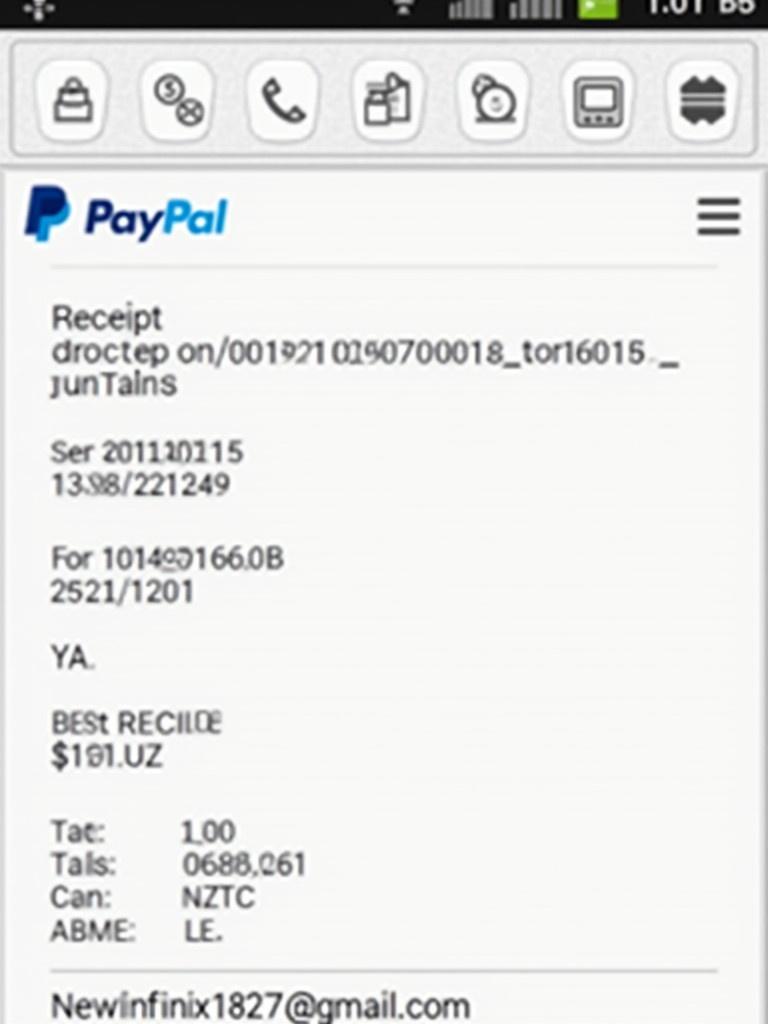 Document shows PayPal payment proof with visible design elements. Clearly shows payment to newinfinix1827@gmail.com. Receipt includes transaction total of 20$. Design features bold text for easy reading.