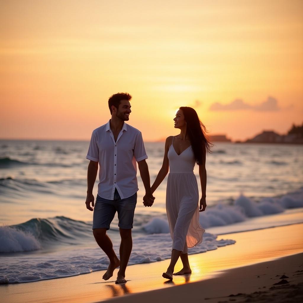 The image showcases a couple walking hand in hand on a serene beach during sunset. The sky is painted with warm hues of orange and pink, creating a romantic atmosphere. The couple appears happy and content, enjoying their time by the sea. The gentle waves lap at the shore, enhancing the peaceful setting. Their attire reflects a casual beach vibe, suitable for a relaxed evening stroll.