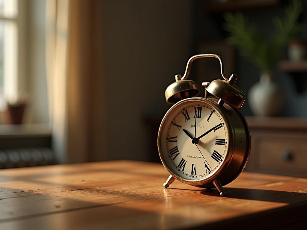 A vintage alarm clock with Roman numerals sits on a wooden table that captures warmth through its natural grains. The clock is beautifully designed, featuring a classic gold finish and a charming bell on top. Soft, ambient lighting enhances the nostalgic feel of the scene, creating a cozy atmosphere. This timeless piece evokes a sense of tranquility and an appreciation for traditional craftsmanship. The background hints at homey details, blending the clock seamlessly into a relaxing space.