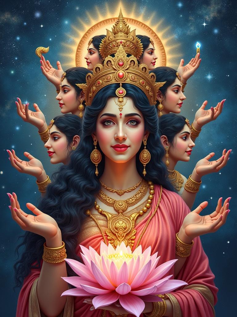 Artistic depiction of Radha holding symbolic items. Surround her with different divine faces representing various deities. Integrate cosmic elements like stars and galaxies. Use vibrant colors.