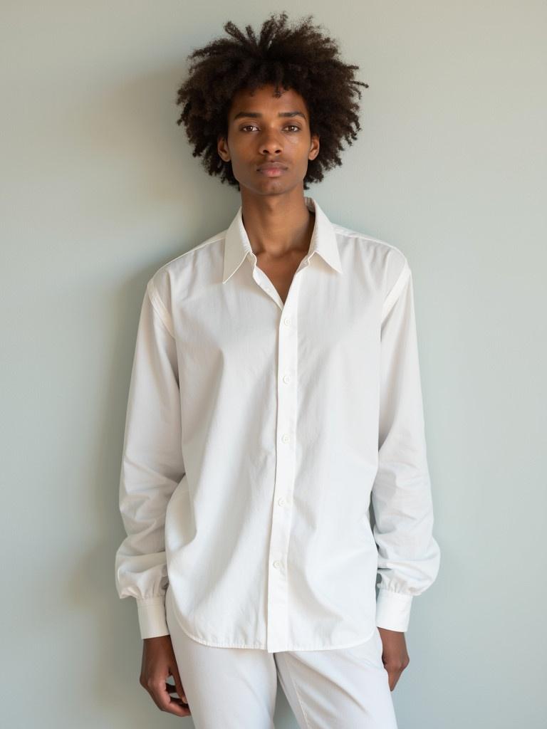 Model stands against a wall wearing a white long sleeve shirt without cuffs. The shirt is loose fitted and the model has natural textured hair. The background is a light color. The focus is on the clothing style.