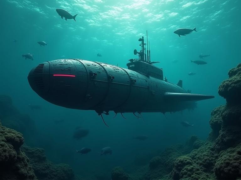 Mech submarine surrounded by carnivorous ocean creatures in deep sea environment