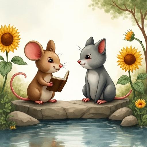 A watercolor illustration featuring a mouse reading a book to a grey cat cub by a forest stream. The mouse is animated and expressive while the cat listens with a smile. They are on a smooth stone surrounded by sunflowers and reflections in the water.