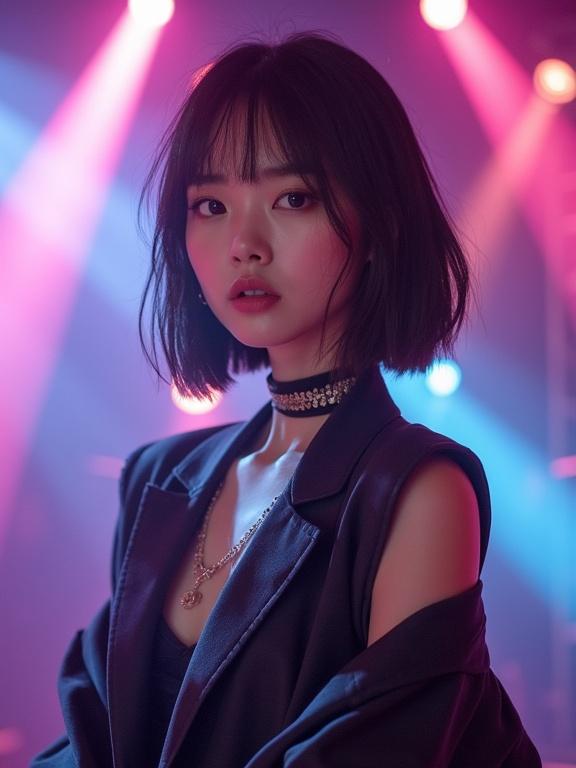 A young Korean girl singer with trendy short bob hairstyle, wearing full makeup like idol girls. She is in a stylish outfit, looking straight at the camera on a K-pop stage. Background features amazing stage lights with a vibrant atmosphere, captured in ultra realistic detail.