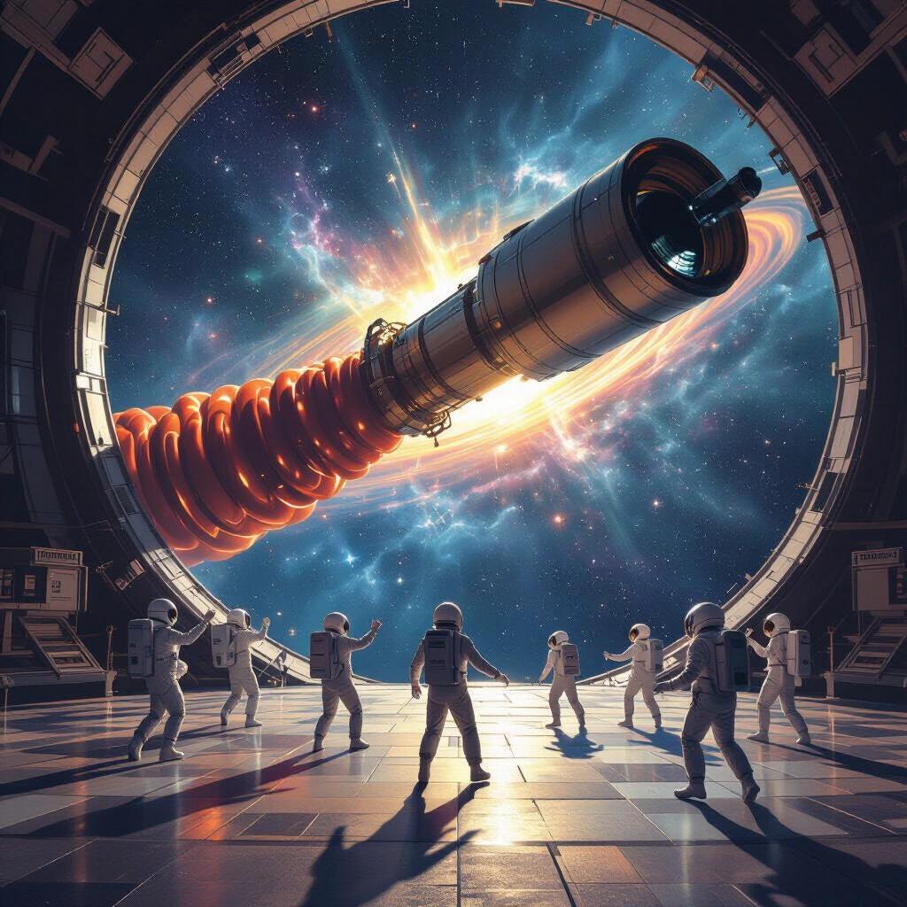 An enormous telescope points to a bass-shaped wormhole. Scientists wear retro-futuristic suits. They seem frozen mid-dance as sonic pulses pull them into deep space. Vibrations ripple across the observatory floor.