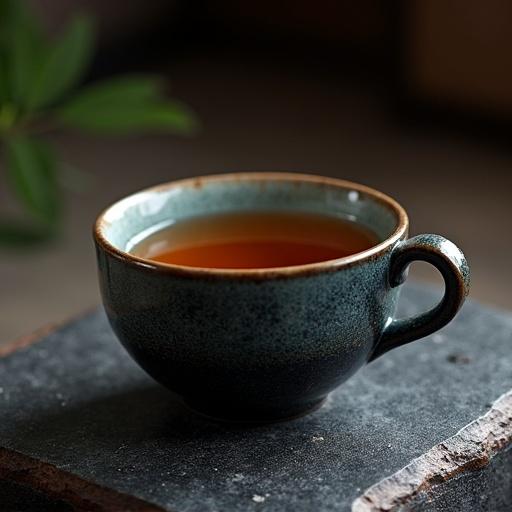 Cup of tea placed on a dark obsidian table. The cup is ceramic and holds amber tea. Soft natural light enhances the scene.