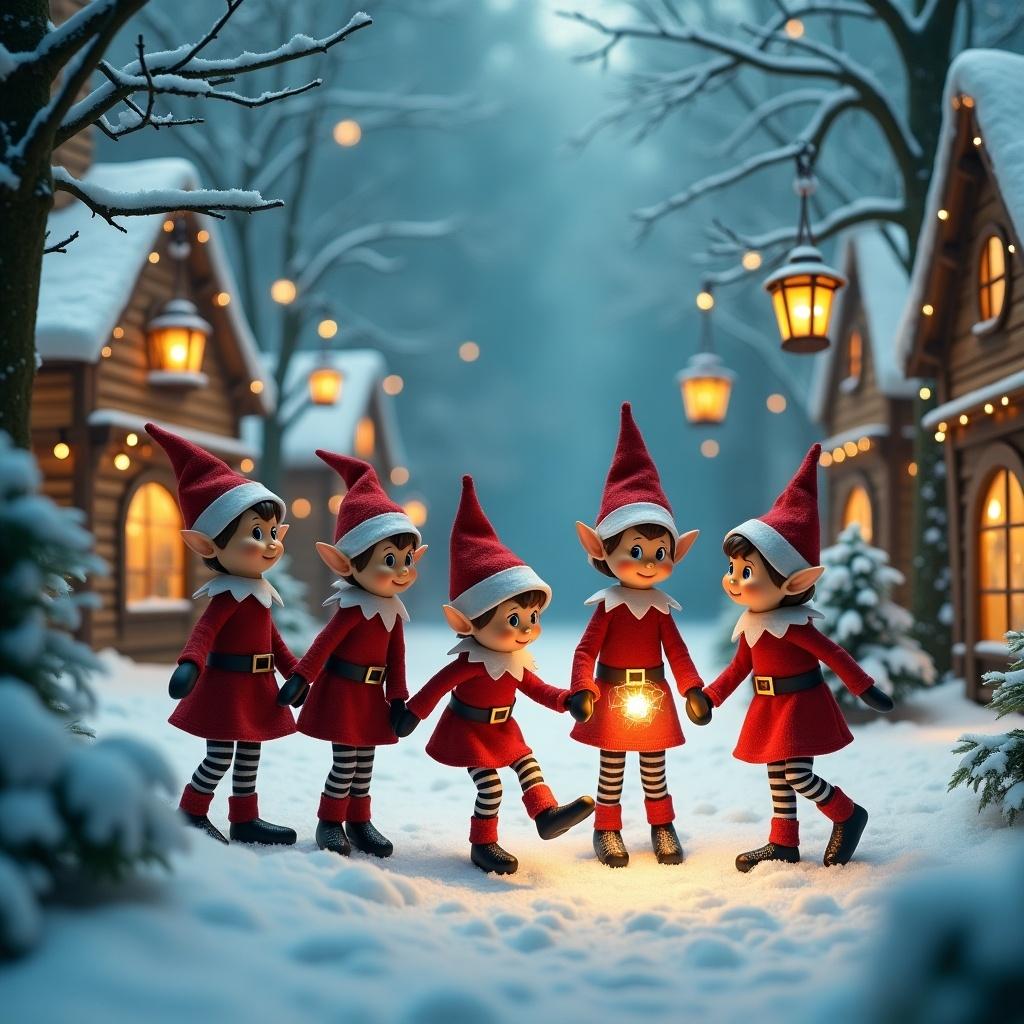 The image depicts five delightful elf characters, both girls and boys, joyfully playing in a picturesque snowy village. They are dressed in traditional red outfits with stripes, exuding holiday cheer. The setting features charming wooden homes adorned with twinkling lanterns. Snow blankets the ground, adding to the winter wonderland vibe. The elves appear to be laughing and interacting, embodying the spirit of the holiday season.