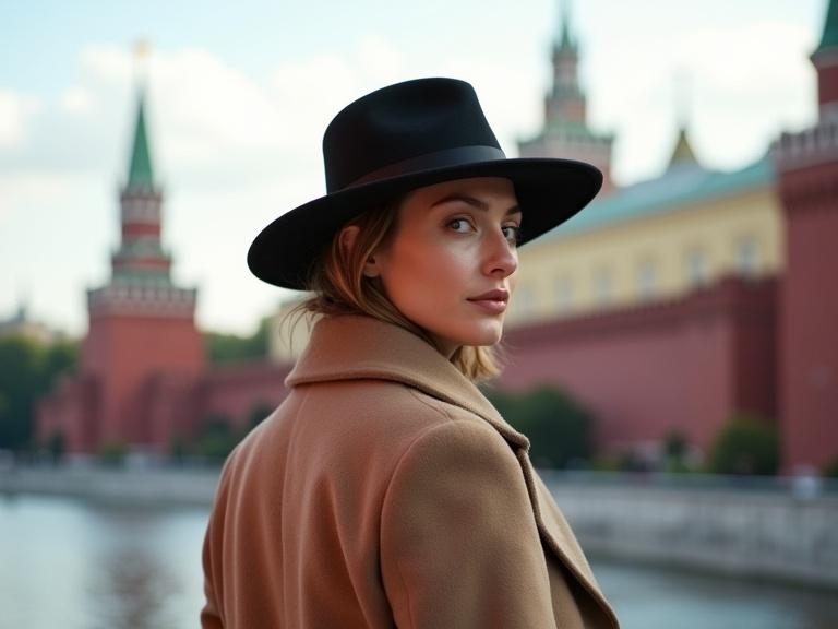Photorealistic portrait of a woman in hat and coat. View from behind. Moscow Kremlin in background. Bright natural lighting. Rich colors and high detail. Deep focus on subject and background.