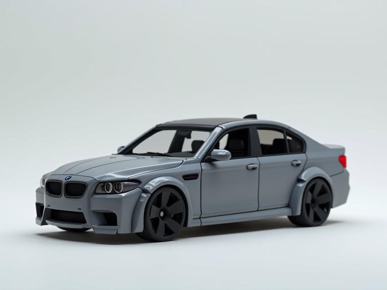 Gray modern BMW sedan in Minecraft style. Voxel and cubical design created in 3D.