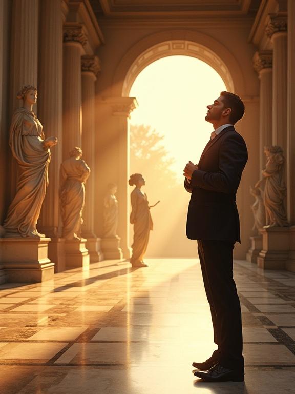 Classical museum gallery scene at golden hour with warm sunlight streaming through tall windows. A man in an elegant dark suit stands transfixed, eyes wide with wonder. Expression conveys deep awe and concentration. In the background, a woman in flowing fabric floats among the statues. Color palette is warm golds and deep shadows, creating an atmosphere of beauty and reverence.