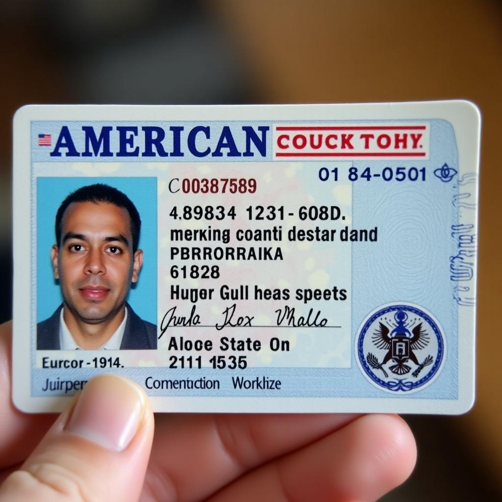 An American government issued identification card shows various elements such as name, ID number, and security features. The card is held in a person's hand showcasing its size and details clearly.