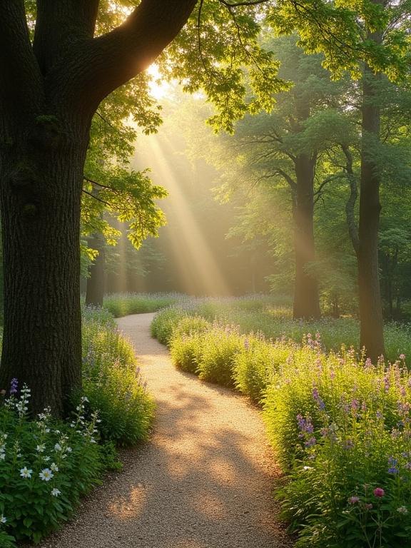Emerald forest with a winding jogging path. Golden sunrise creates soft light. Path surrounded by tall trees. Wildflowers bloom in vibrant colors around the edges. Morning mist hugs the ground. Peaceful and serene atmosphere.