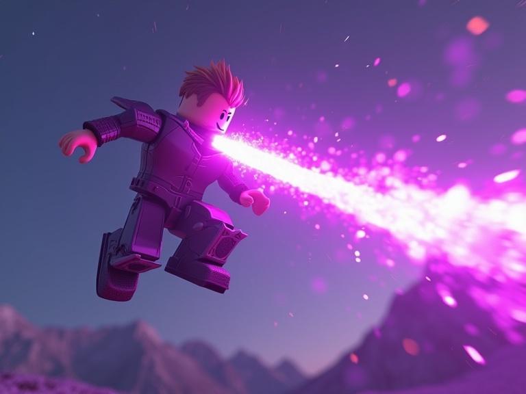 Create a game thumbnail for Roblox featuring a character in mid-jump. The character is attacking in the air. A violet sword trail follows the character's slash. Background of mountains and a purple sky to enhance the dramatic effect. Action-packed pose showcasing the character's abilities.