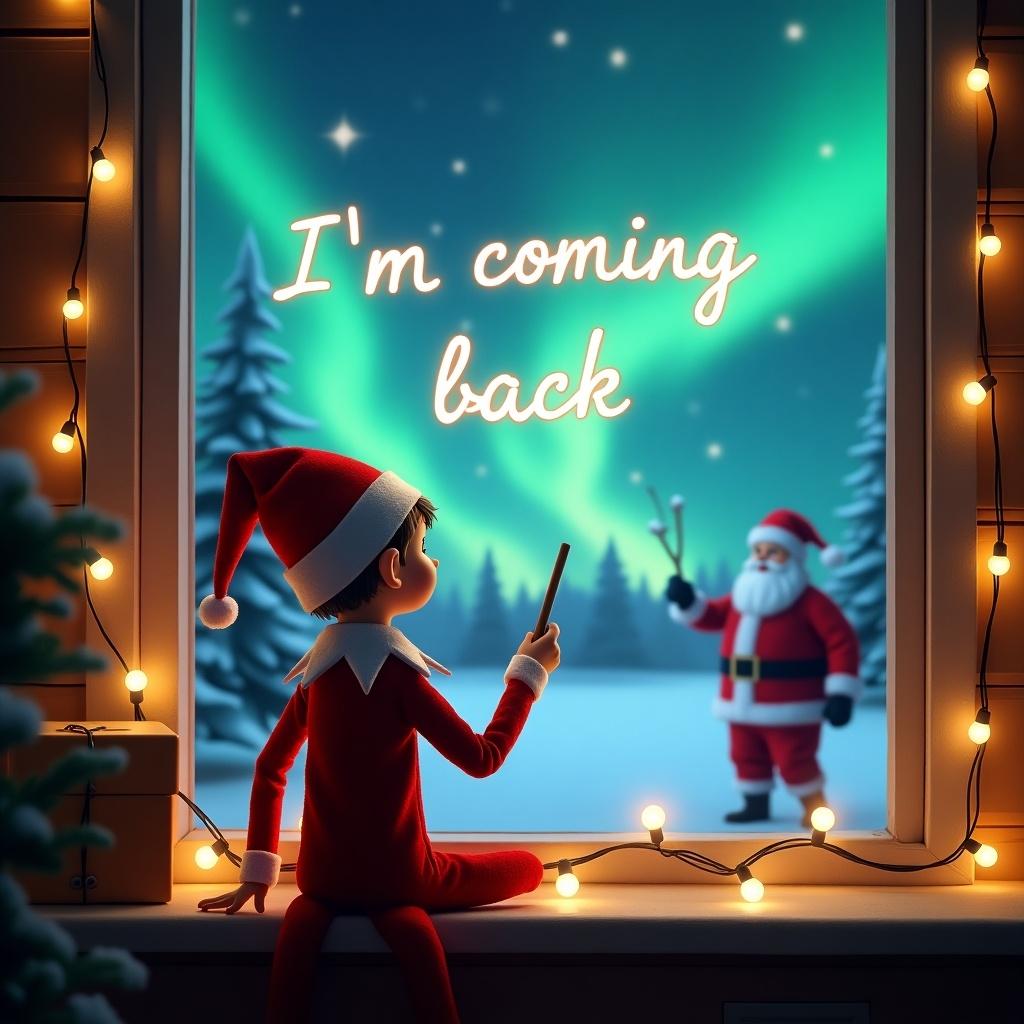 The image portrays an elf on the shelf sitting by a window, facing away from the viewer. He is using a wand to write the words 'I’m coming back' in the sky. The background reveals a magical Christmas landscape, brightened by vibrant northern lights. In the distance, Santa Claus appears, adding to the festive charm. Strings of Christmas lights frame the window, creating a warm and cozy atmosphere perfect for the holiday season.