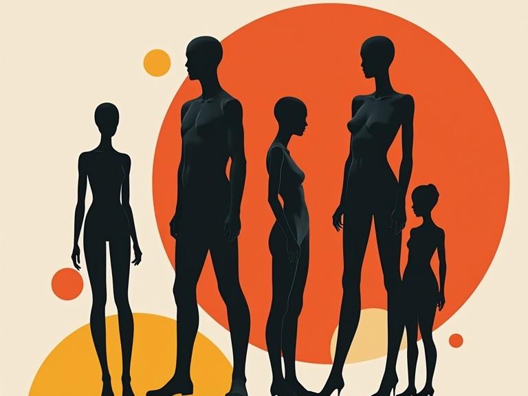Faceless black mannequins displayed with shapes. Focus on minimalist design and abstract elements. Incorporate bold colors and clean space. Surreal composition with fashion themes.