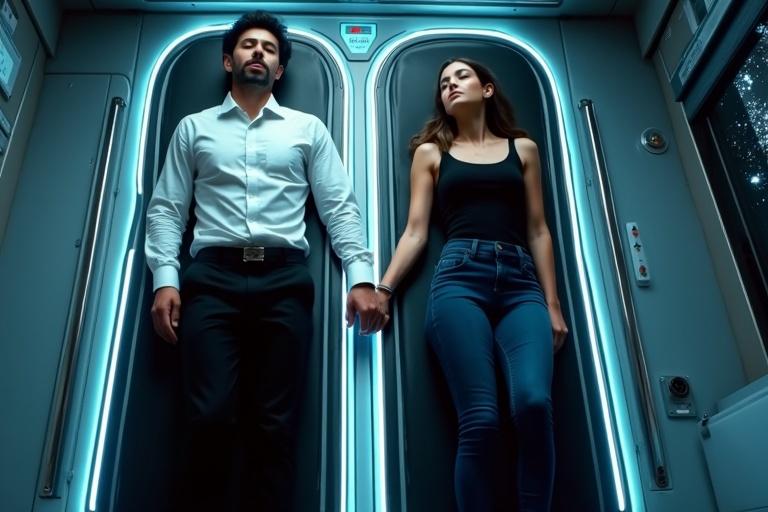 Hyper-realistic scene in a future spacecraft. Two stretchers are visible. Man in a white shirt lies on the left. Woman in a black top and blue jeans is on the right. Their hands are held together. The atmosphere is calm with blue LED lights and a metallic interior.