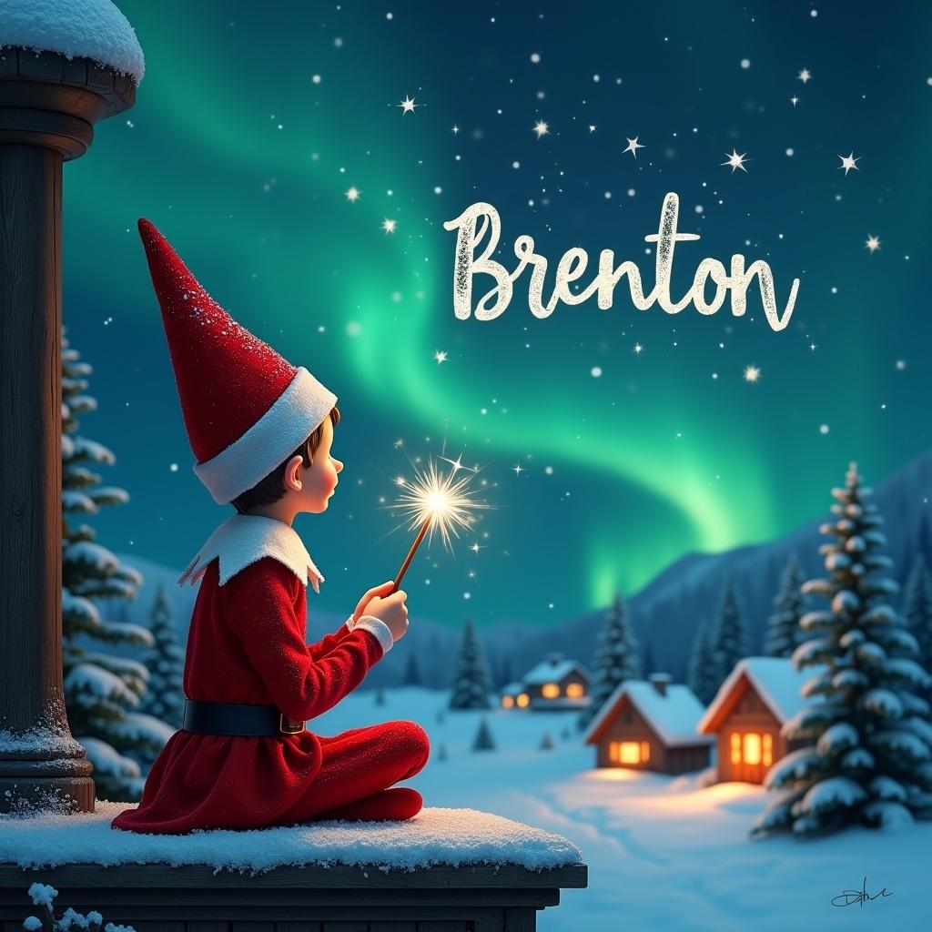 An elf sits on a wooden ledge with its back to the camera, gazing at a magical sky. The elf, dressed in a red outfit with a pointed hat, holds a sparkling wand. With the wand, the elf elegantly writes the names 'Brenton' in the starry sky. The background features a snowy landscape with charming little houses and evergreen trees under the shimmering Northern Lights. This whimsical scene captures the essence of childhood magic and Christmas cheer.