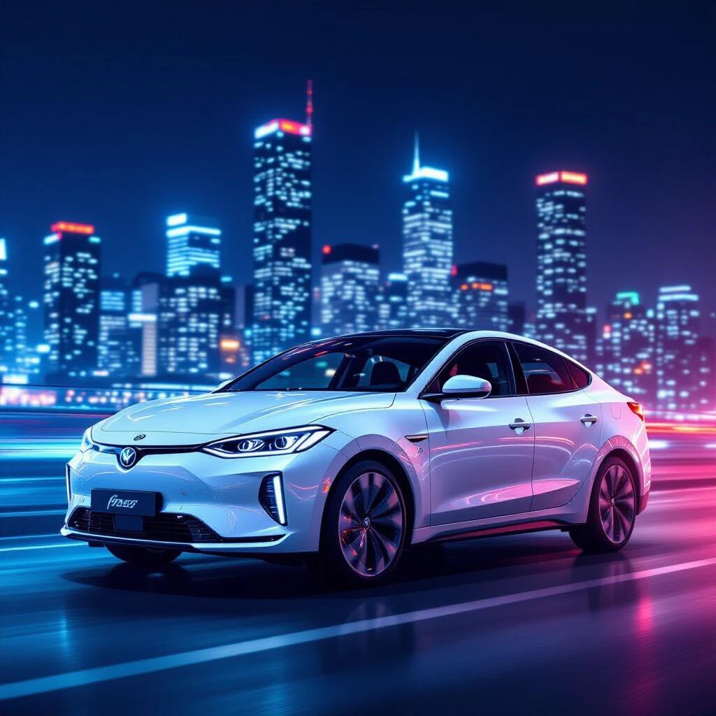 White car parked at night in a vibrant city. The skyline is full of lights. The scene is illuminated with neon colors. Nearby buildings are glowing. The car's design is modern and sleek.
