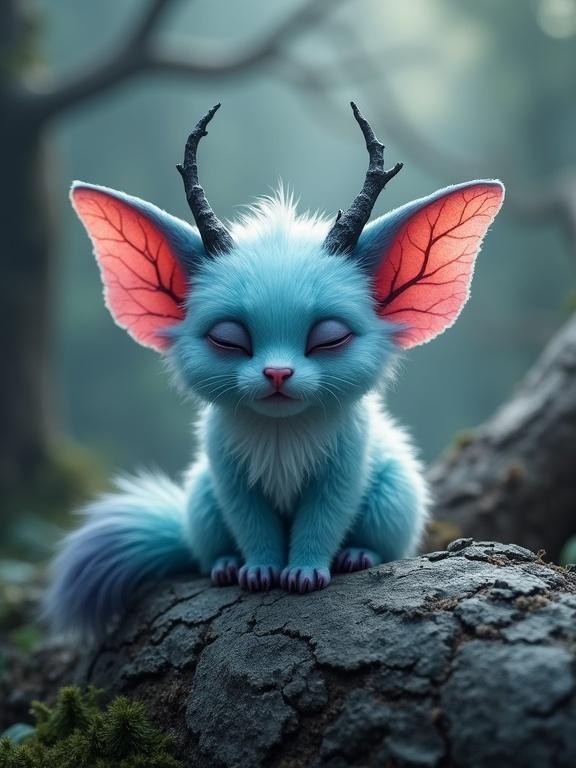 A small, magical creature resembling a cat sits on rough gray tree bark. It has a fluffy, light blue coat and darker facial features. Large, wing-like reddish-pink ears with a leaf-like texture. Two small, twig-like horns on its head. Background shows a blurred forest with a mystical feel.