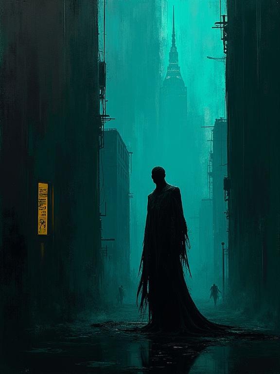 Digital oil painting featuring a lovecraftian creature in an urban setting. Harsh brush strokes and a black backdrop highlight modern architecture. The artwork uses flat colors and emphasizes a unique silhouette. A strong turquoise theme dominates. The style is minimalist and somewhat rough yet artistic.