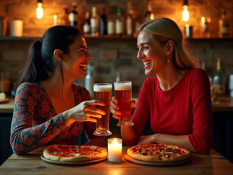 Moment of joy between two women in a cozy bar. Dimly lit setting enhances intimacy. Women laugh while holding beer glasses. Wood table with rustic charm. Pizzas and snacks on the table. Soft lighting creates a pleasant atmosphere. Bokeh effect in background focuses on subjects.