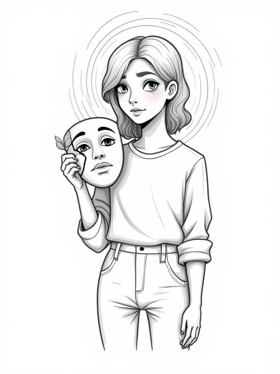 Gender-neutral person holds a cracked smiling theatre mask. Face shows a tear and sad gaze. Small leaf grows from crack in mask, representing growth. Person stands with relaxed shoulders. Gentle aura lines behind. Artwork in black and white, with clean outlines. Minimal line density, centered in portrait layout.