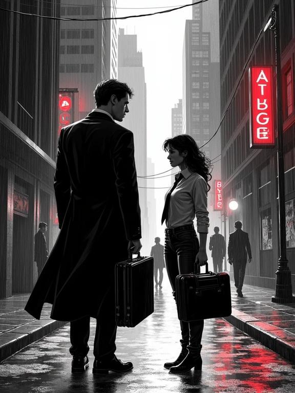 A gritty comic book scene. Set in Buenos Aires. Year 2025. Features a mysterious tall man in a black suit and long coat holding two suitcases. A young woman in jeans and tie shirt stands opposite him. The city is wet with neon reflections and blurred silhouettes. Dark, high-contrast atmosphere with red highlights. Strong chiaroscuro effects. Captures tension in the air.