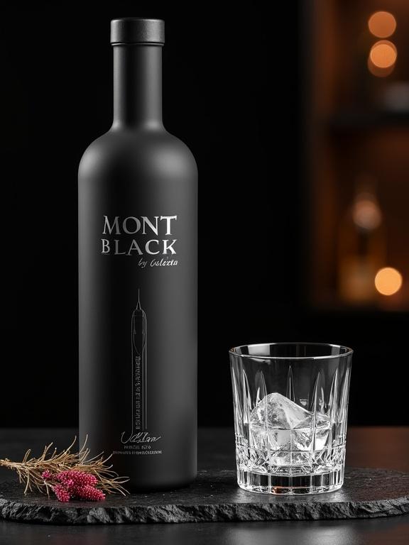 Hyper-realistic product advertisement for Mont Black vodka. Elegant matte-black bottle with platinum-embossed logo. Chilled vodka with condensation. Positioned on dark stone serving slab next to crystal vodka glass with ice. Wild juniper and dried flower beside glass. Dark atmospheric background with warm ambient light. High-contrast lighting highlighting contours and texture.