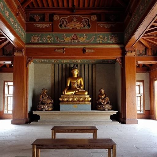 Interior view of Gandam Monastery in Mongolia featuring a golden statue of Migjid Janraisig in the background