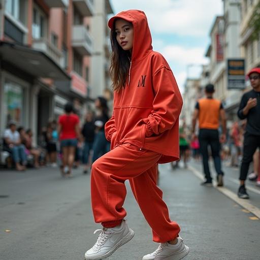 Create a hyperrealistic image of an Indonesian female rapper performing on the street. She wears an oversized hypebeast outfit and shows dynamic energy as part of a rapping routine. Bright sun enhances the scene.
