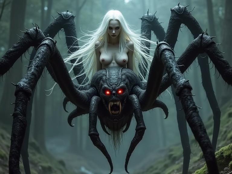 Lolth represents the Dungeons and Dragons Demon Spider Queen. Pale drow elf torso from waist to head. Long flowing white hair. Massive dark spider body. Prominent fangs and glowing red eyes. Gothic fantasy art style. Highly detailed with dramatic lighting. Background features cobwebs and darkness.