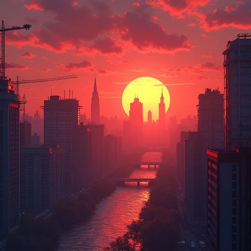Sunset over a futuristic Moscow city. Anime style depicting a post-apocalyptic theme. City skyline with prominent buildings. Warm colors dominate the scene.