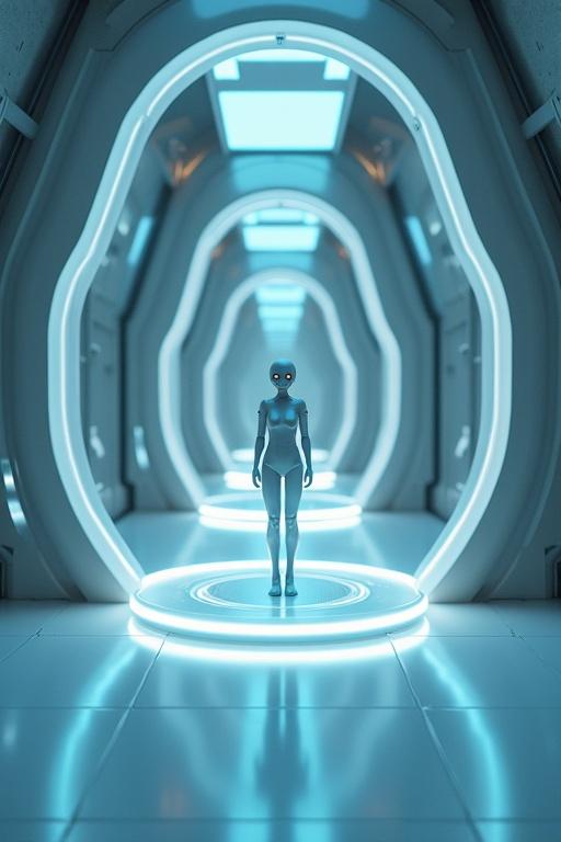 Futuristic minimalistic world with metallic surfaces and gentle blue-white lighting. Central figure is human surrounded by protective light. Beside is humanoid AI figure with soothing features and gentle eyes. Emphasizes connection between human and AI in a controlled environment.