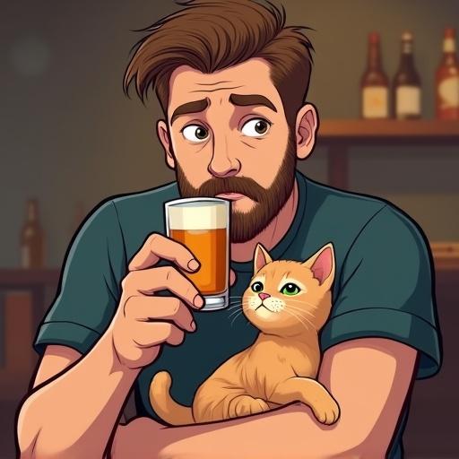 A man holds a light orange tabby kitten. He drinks light amber beer. The man has short brown hair and a medium-length beard. He appears worried and is looking down. He wears a dark teal t-shirt. The kitten looks calm and content in his arms. The background suggests a casual indoor setting, likely a bar. The lighting is warm and soft. The art style is cartoonish with smooth shading.