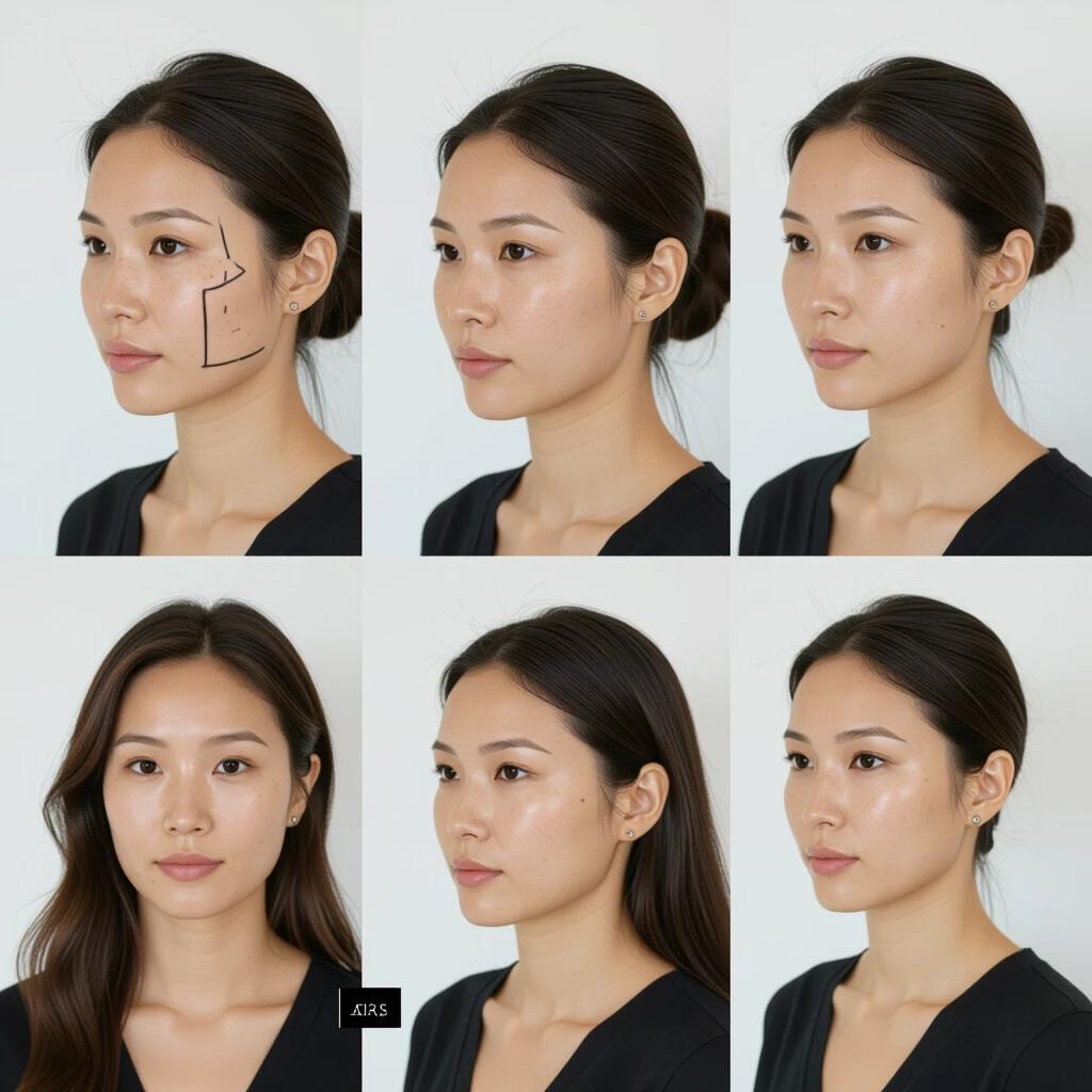 Image depicting a woman with various hairstyles and earrings styled elegantly. Focus on presentation of minimalistic beauty and fashion aesthetics. Emphasis on hair structure and subtle ear accessories. Clean background for visual clarity.