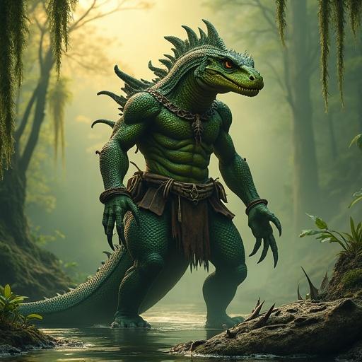 7'2" Sauroid Draconis lizardfolk warrior. Moss-green and charcoal scales. Jagged armored dorsal crest. Muscular and scarred. Amber slit-pupil eyes. Flared neck crest. Prehensile armored tail. Venomous retractable claws. Clad in bone trophies and scaled-leather pouches. Standing knee-deep in cypress roots. Nearby carcass of a giant crocodilian. Hoard of weapons and shiny trinkets. Moody green-amber lighting. Hyper-detailed scales and textures. Dark-fantasy realism.