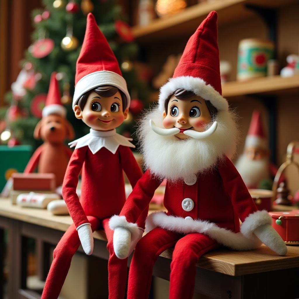 Elf on the shelf with brown eyes. Elf has brown skin. Elf sits next to Santa Claus. Setting is North Pole workshop decorated for Christmas.