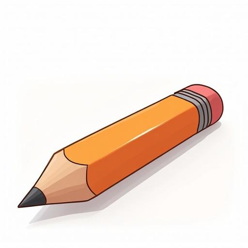 A vibrant orange pencil on a clean white background. The pencil is illustrated in a 3D cartoon style. The design is simple and colorful. The tip of the pencil is black. A pink eraser is on the other end.