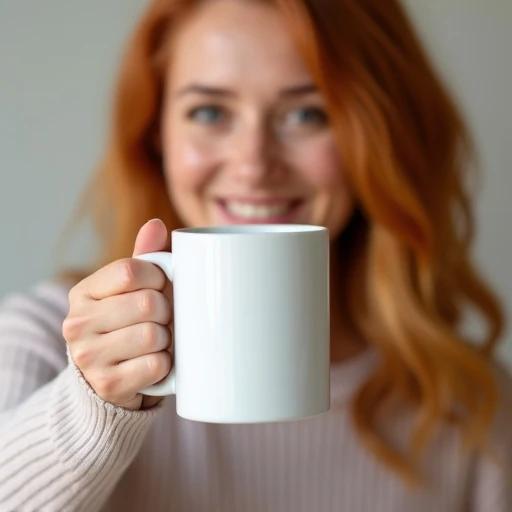Attractive ginger woman holding a white uniform width cylindrical mug with both hands. The mug has no seams, logos or text. The scene has soft natural lighting. The setting is casual and cozy.