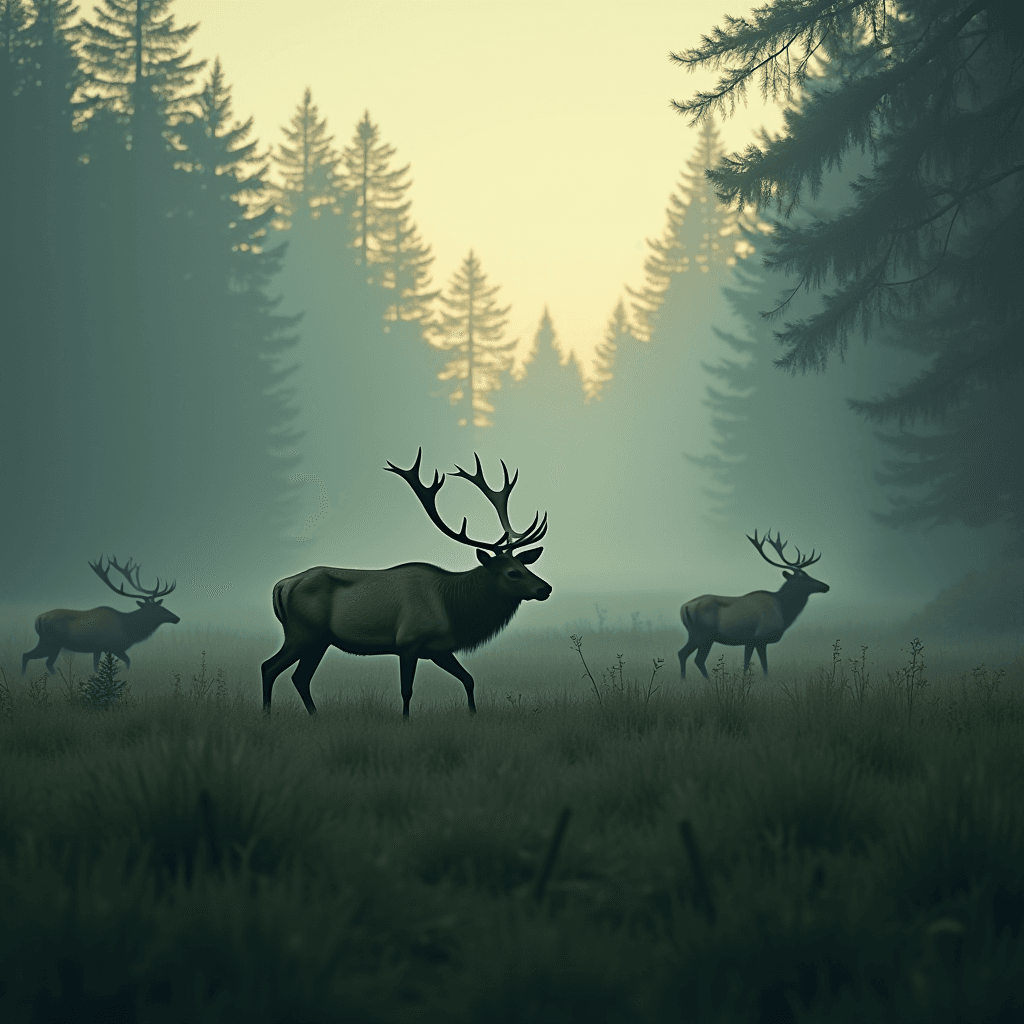 A serene scene of elk walking through a misty forest at dawn.